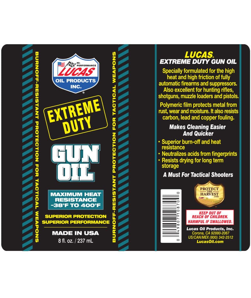 Lucas Extreme Duty Gun Oil 8 Ounce Bottle Label