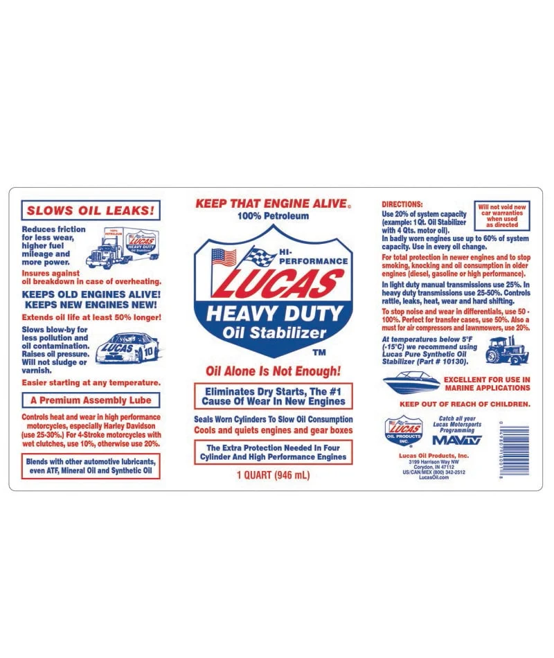 Lucas Heavy Duty Oil Stabilizer Quart Bottle Label