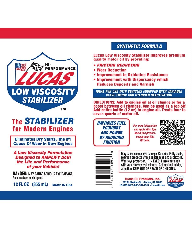 Lucas Low Viscosity Oil Stabilizer 12 Ounce Bottle Label
