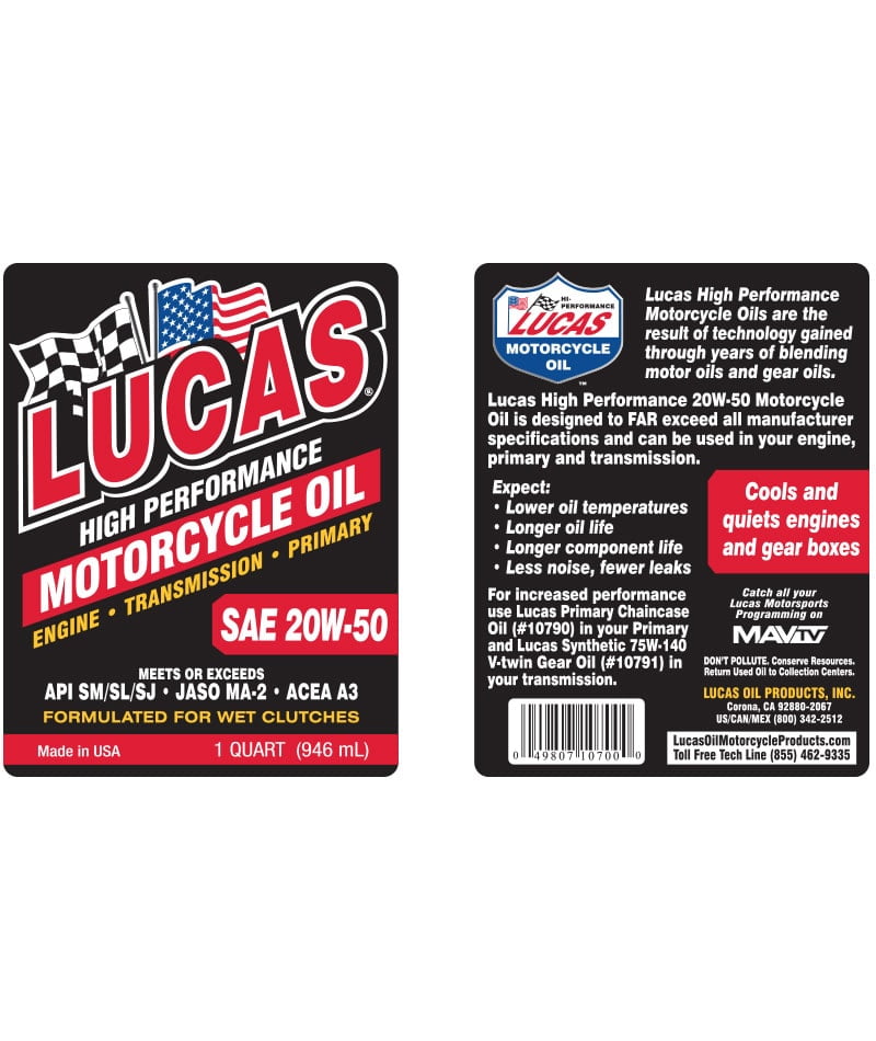 Lucas SAE 20W-50 High Performance Motorcycle Oil Quart Label