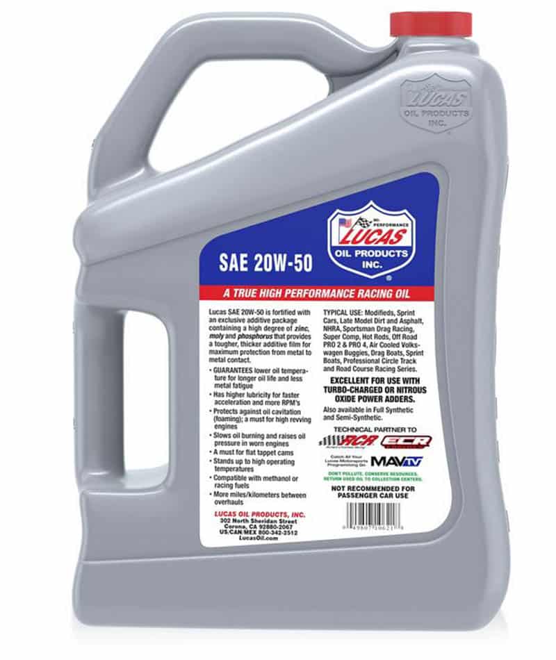 Lucas SAE-20w-50 Racing Engine Oil 5 Quart Bottle Label
