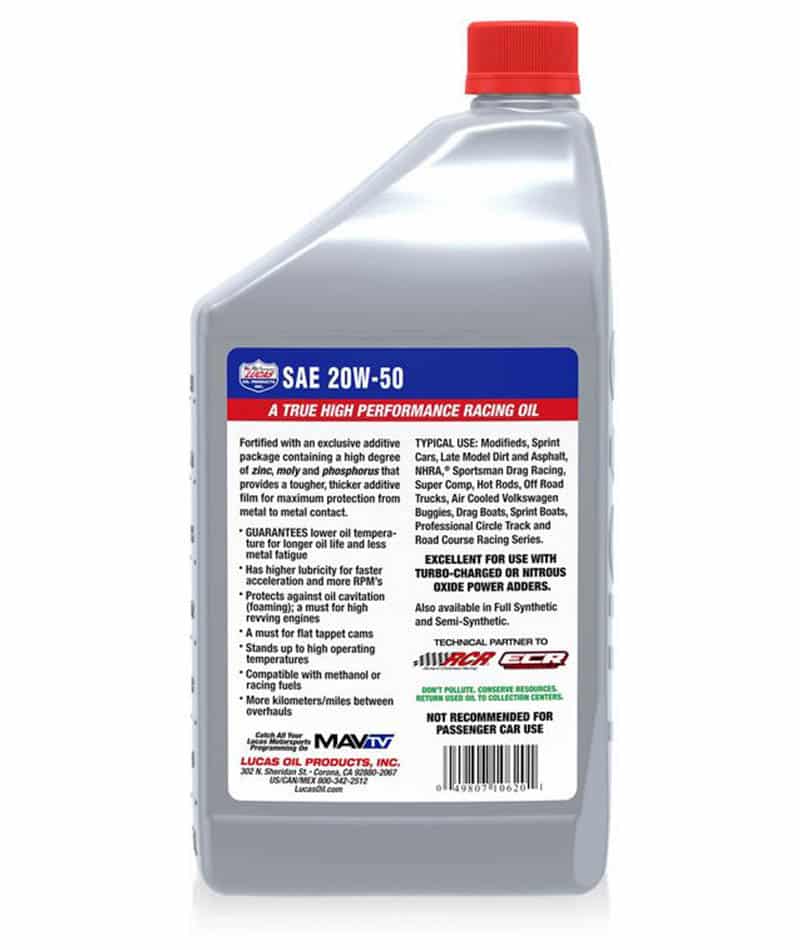 Lucas SAE-20w-50 Racing Engine Oil Quart Bottle Label