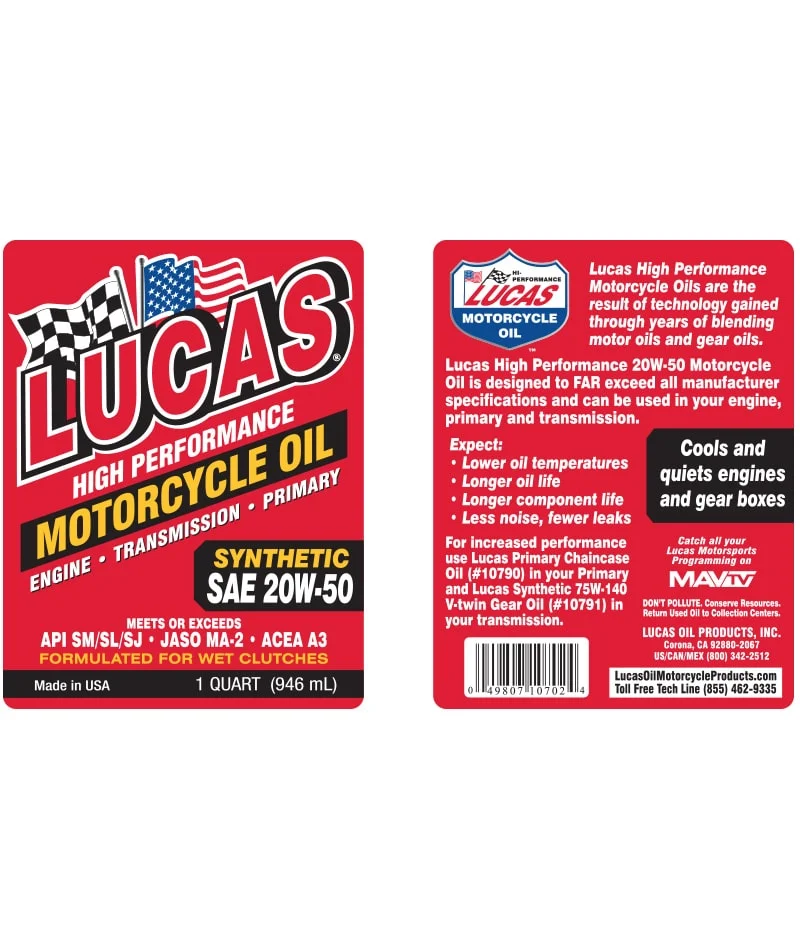 Lucas Synthetic SAE 20W-50 High Performance Motorcycle Oil Quart Bottle Label