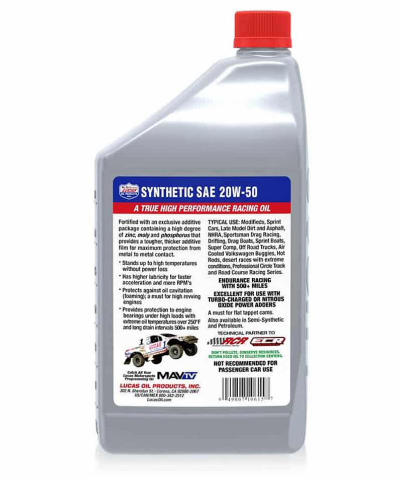Lucas Synthetic SAE 20W-50 Racing Engine Oil Quart Bottle Label