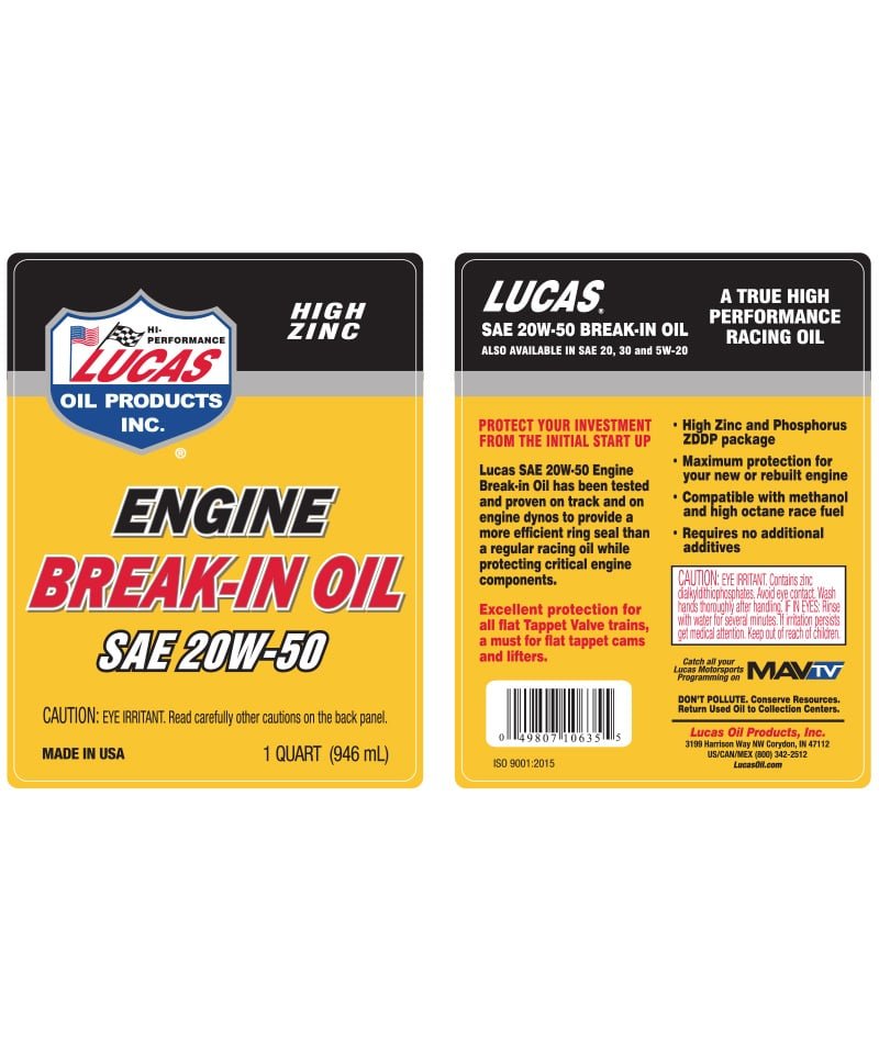 Lucas SAE 20W-50 Engine Break-In Oil Quart Bottle Label